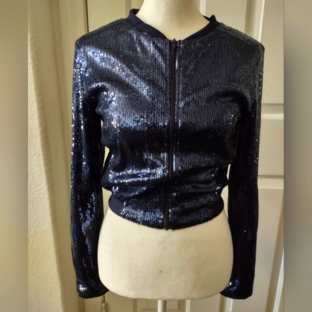 Navy Blue Sequin Zip Up Jacket - image 1